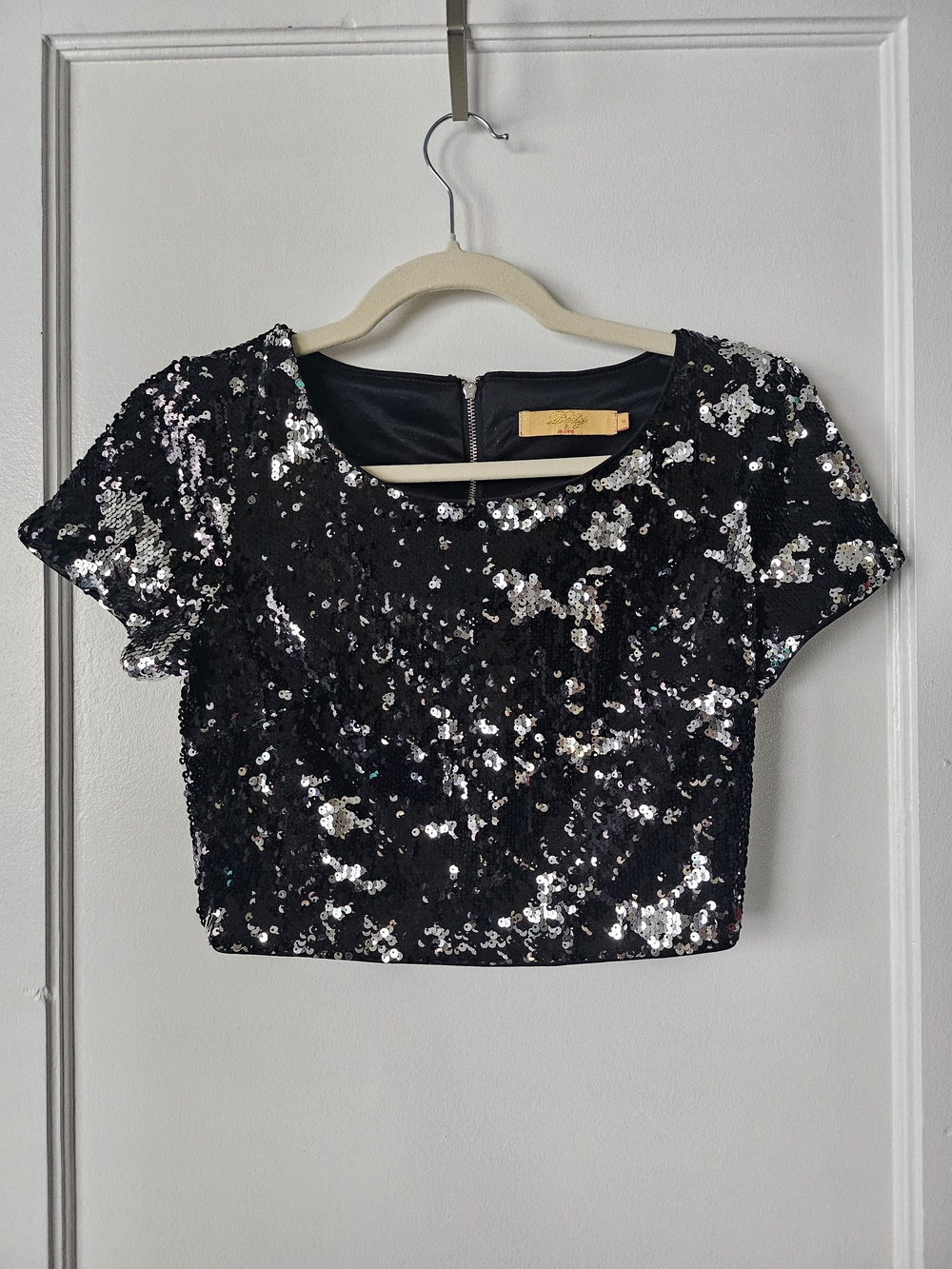 Black Sequin Crop Top with Silver Accents US 6 UK 10